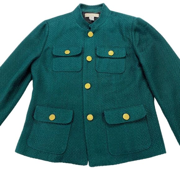 Chicos Tweed Jacket Women's Size 0 Green Long Sleeve Lined Gold Button Front - Picture 15 of 16